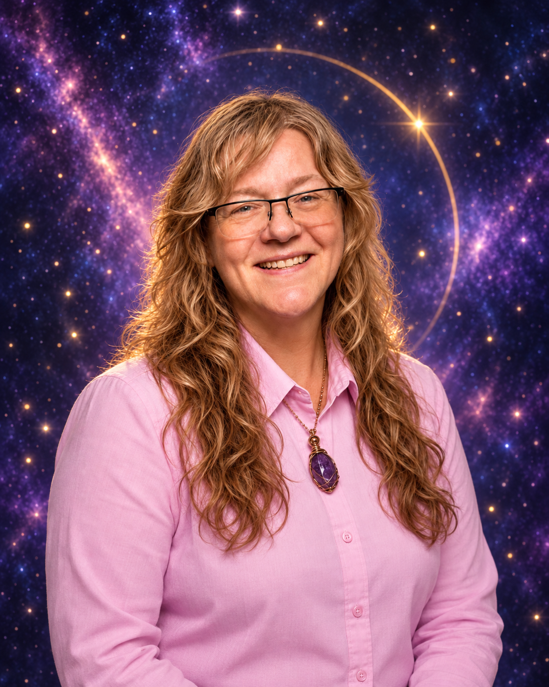 Patricia Stockdreher smiling in a pink blouse against a celestial background