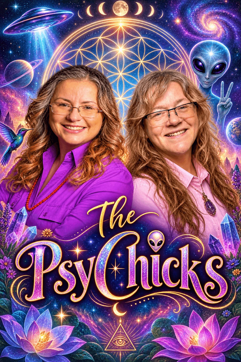 Patricia and Verohnika surrounded by colorful cosmic artwork