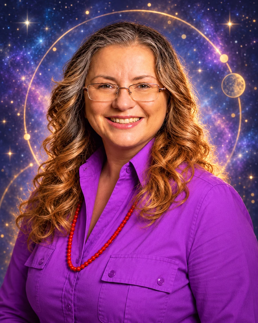 Verohnika Bau smiling in a purple blouse against a celestial background